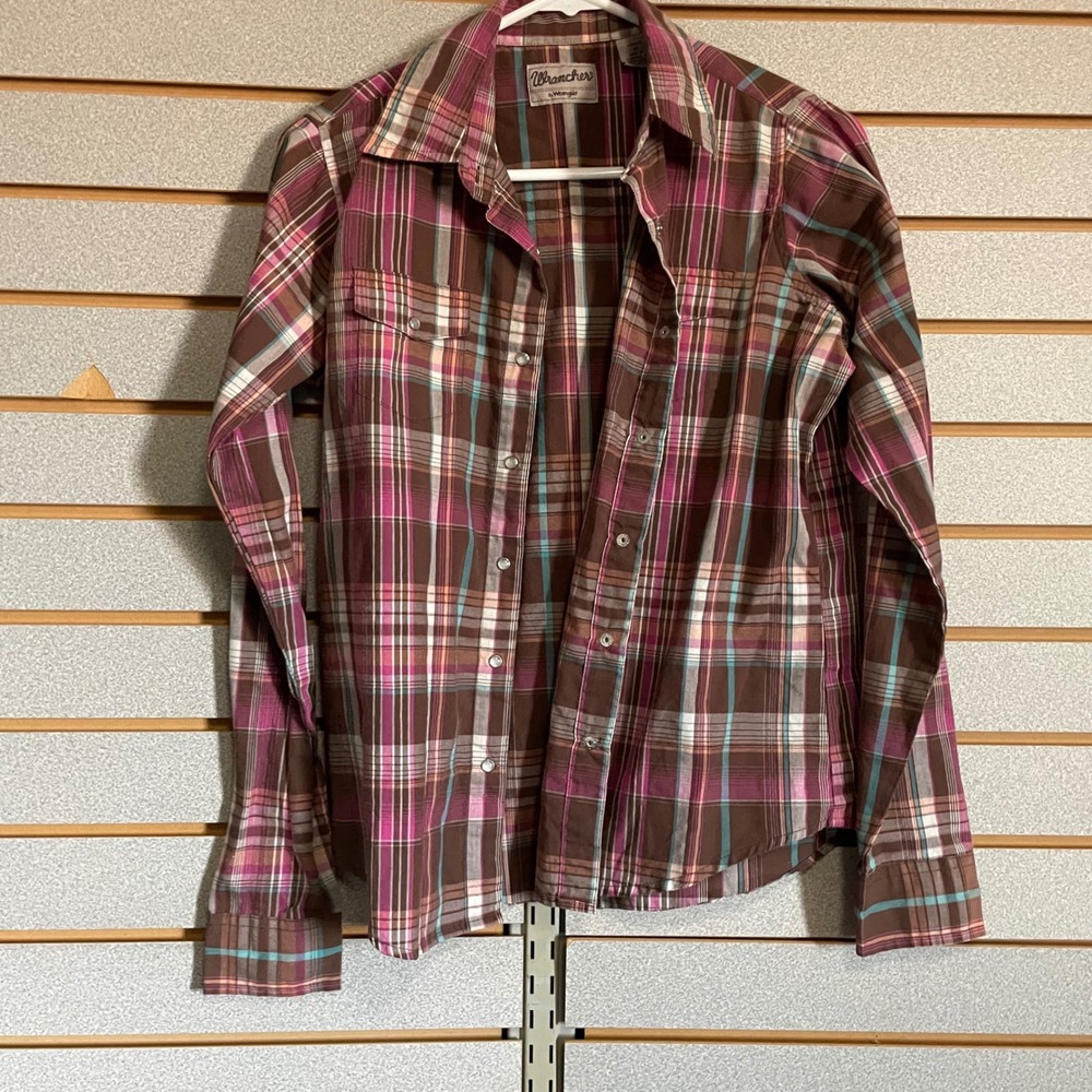 Wrancher by Wrangler Womens Plaid Western Pearl Snap Shirt‎ Brown Pink Cowgirl M
